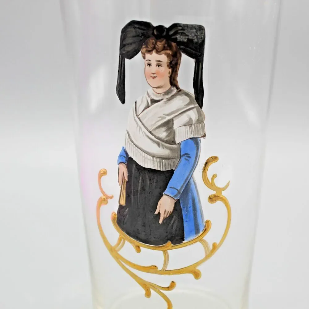 Antique Glass Enamel Woman Bückeburgerin Novelty Bar Glass Zunftbecher 1/4 Dram